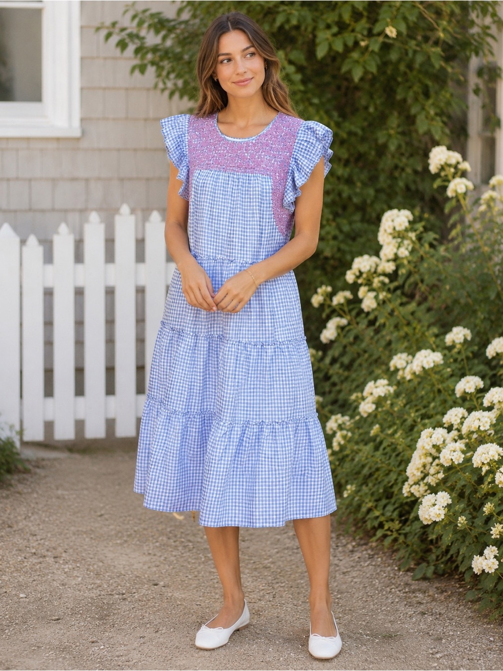 J. Marie Blue Gingham Plaid Flutter Sleeves Floral Embroidery Tiered Midi Dress